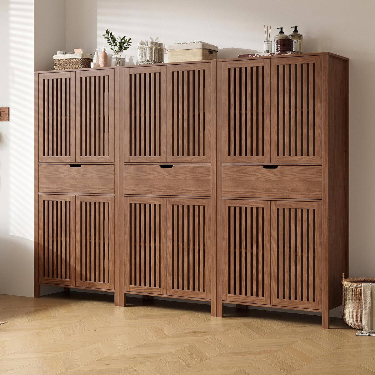 BVIUNTWO Set of 3 Rustic Brown 69" Tall Farmhouse Storage Cabinet with D...