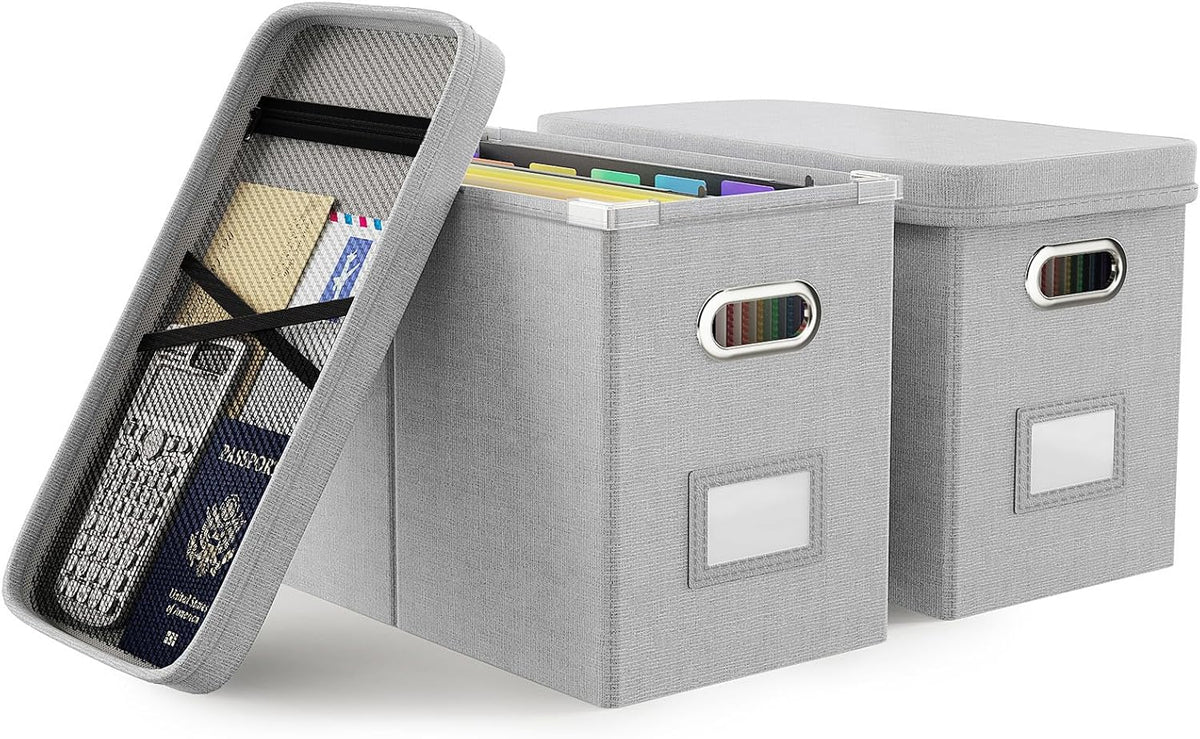 Oterri File Organizer Box with Lid, Hanging Filing File Box with Mesh Pocket