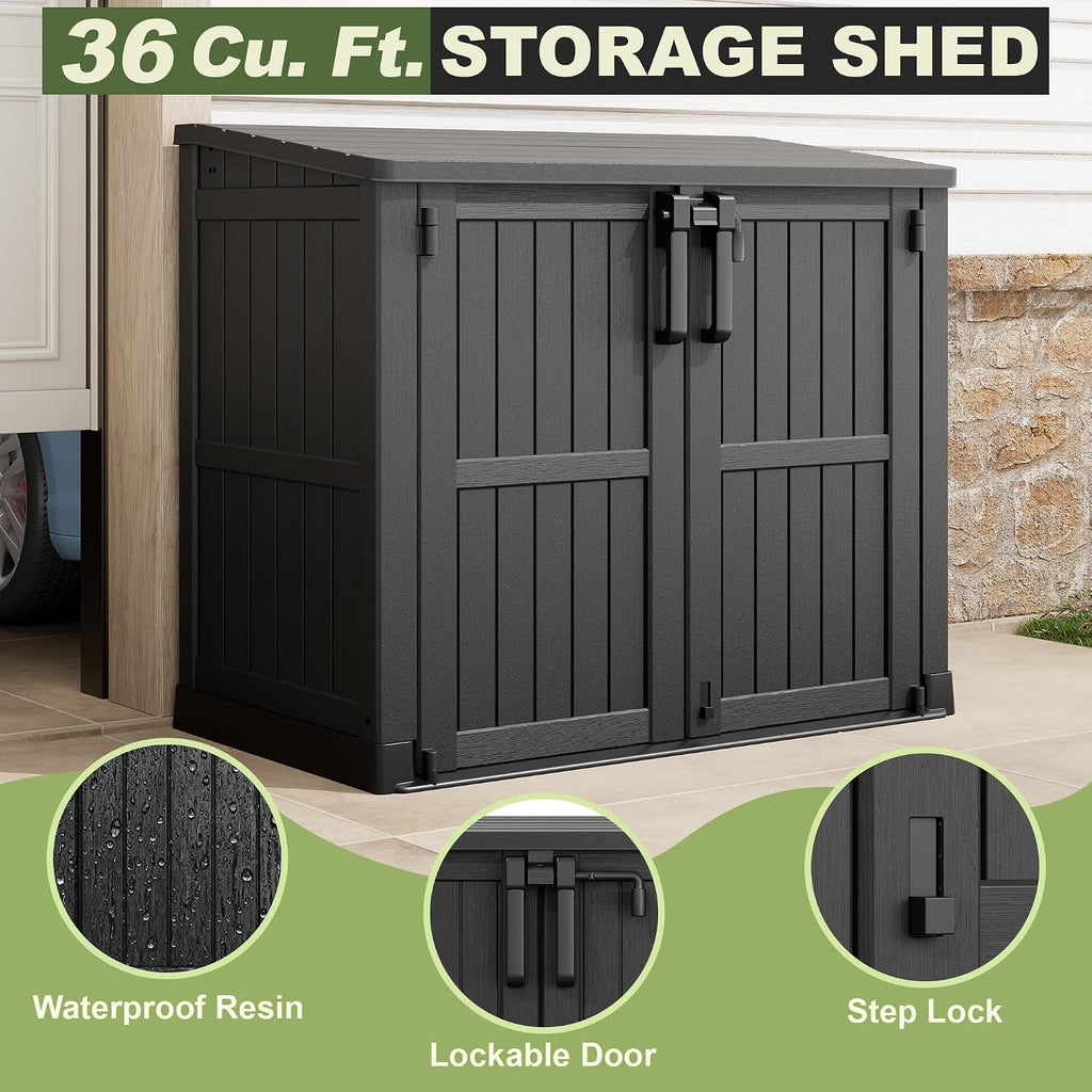36 cu ft resin outdoor storage shed, weatherproof showing dimensions