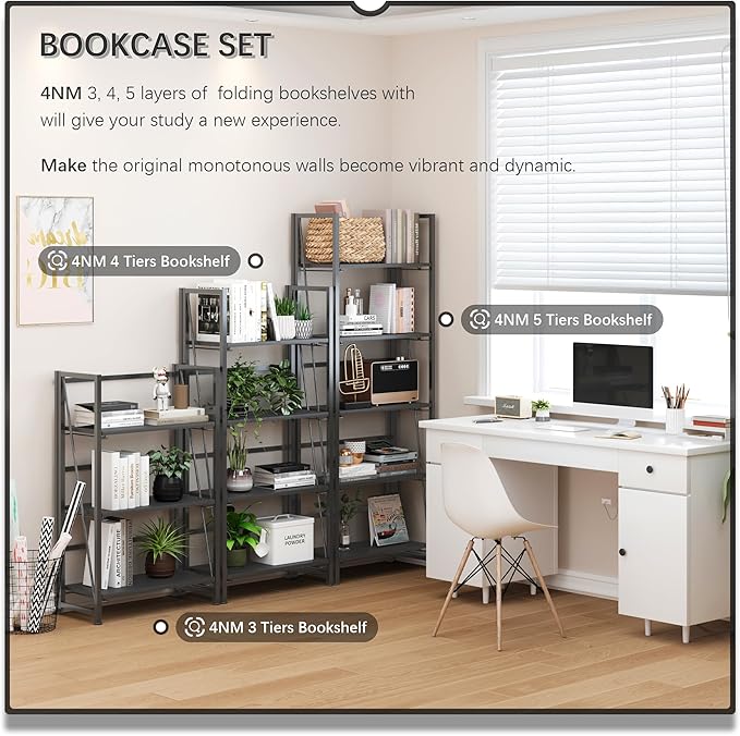 4NM No Assembly Folding Bookshelf Storage Shelves 3 Tiers Vintage Bookcase - Image 4