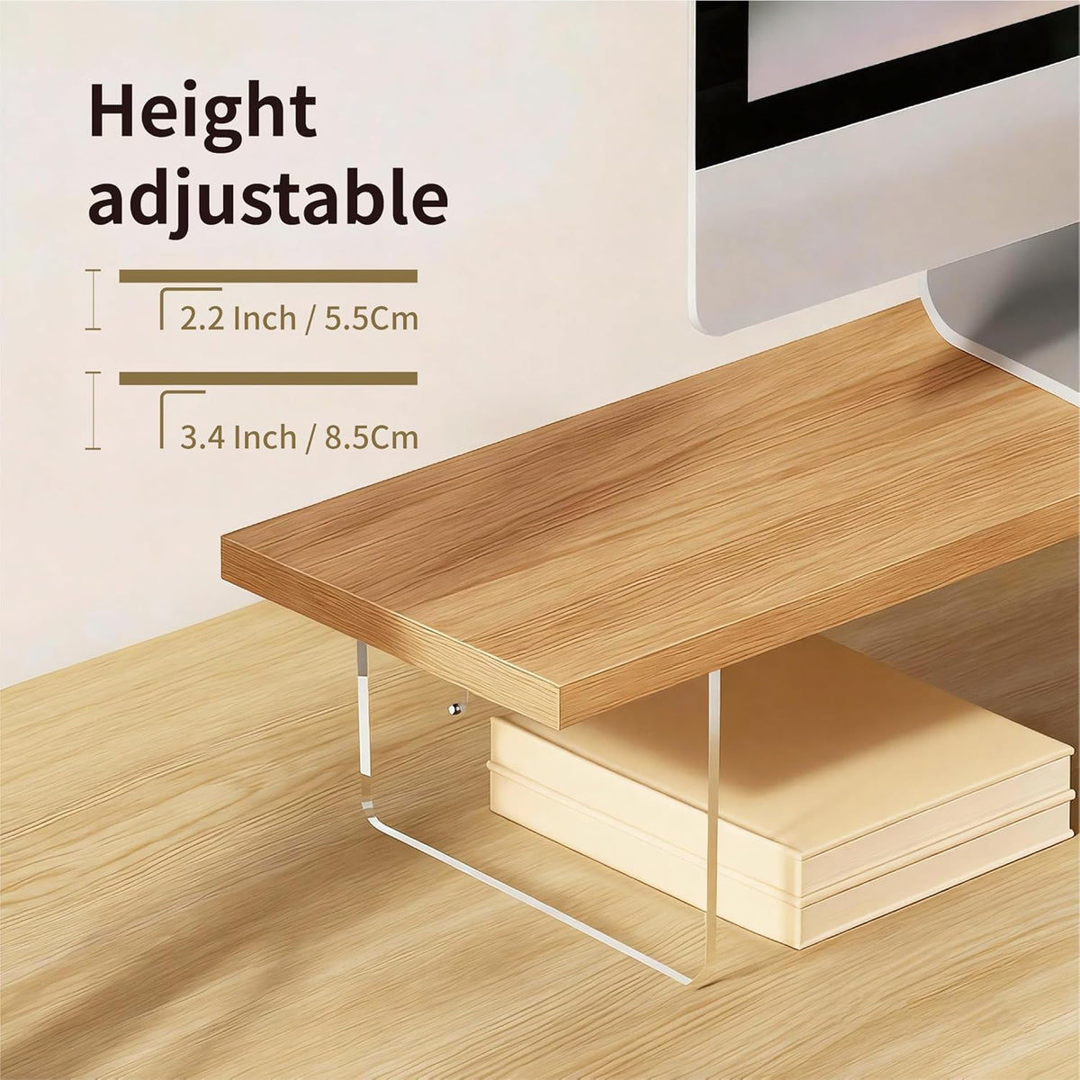 Wood Monitor Stand Riser with Acrylic Legs, Computer Screen Stand Desk Organi...