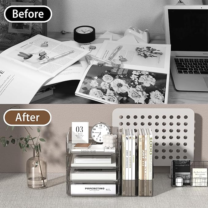 Clear Paper Organizer with Movable Bookends, 4-Tier Letter Tray Organizer - Image 7
