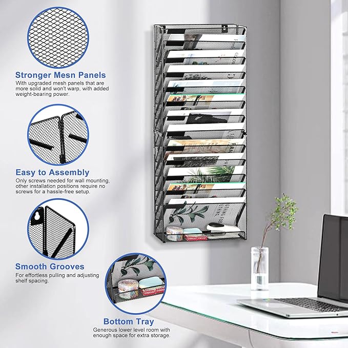 EasyPAG Wall File Holder 14 Tier Mesh Hanging Folder Organizer - Image 2
