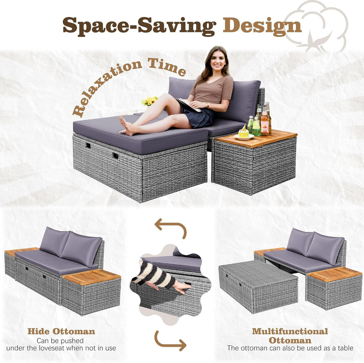 Flamaker Outdoor Rattan Lounge Chair with 2 Side Tables