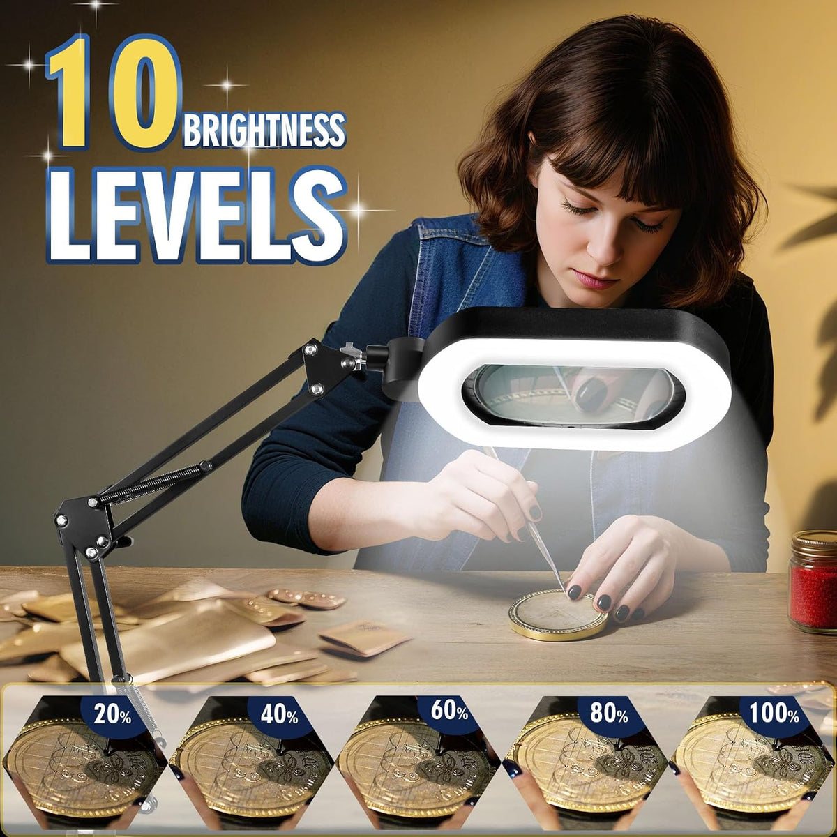 12X Magnifying Glass with Light and Stand, 144 LED Lighted Magnifying Light