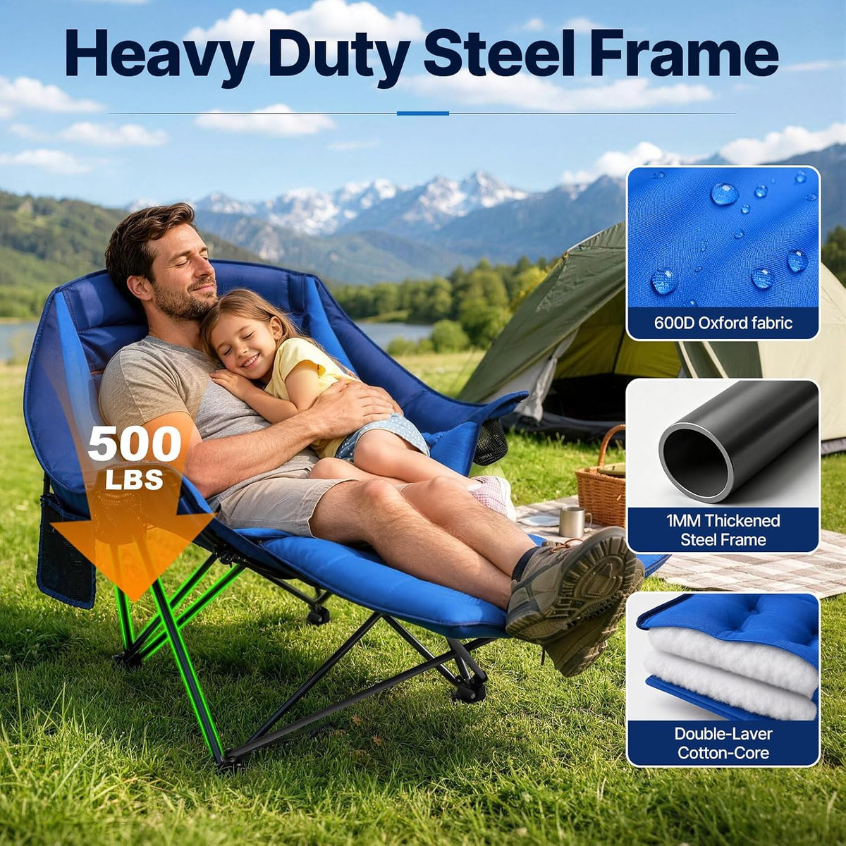 Suteck Camping Chair with Foot Rest, Oversized Padded Folding Chairs, Blue