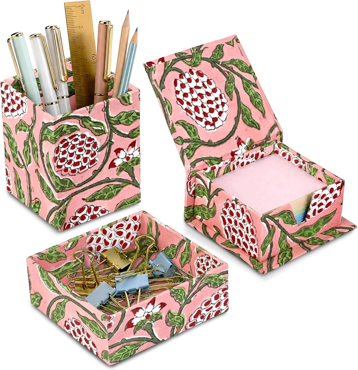 ridhi strawberry pink block print desk organizer pen, main product view