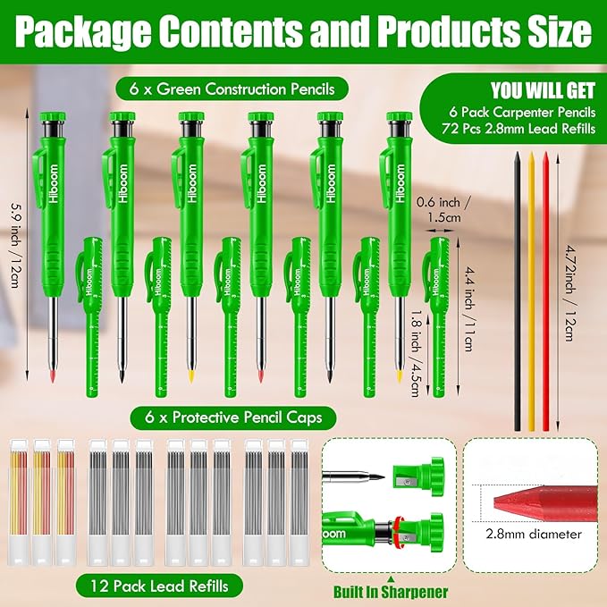 Hiboom 6 Pack Solid Carpenter Pencils Mechanical Construction Pencils - Image 2