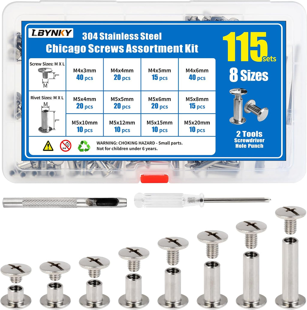 115 Sets Chicago Screws Kit for Leather Crafts, 304 Stainless Steel Binding Screws Rivet, 8 Sizes (M5x4/5/6/8/10/12/15/20mm) Binding Post with Tools (Silver)