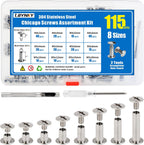 115 Sets Chicago Screws Kit for Leather Crafts, 304 Stainless Steel Binding Screws Rivet, 8 Sizes (M5x4/5/6/8/10/12/15/20mm) Binding Post with Tools (Silver)