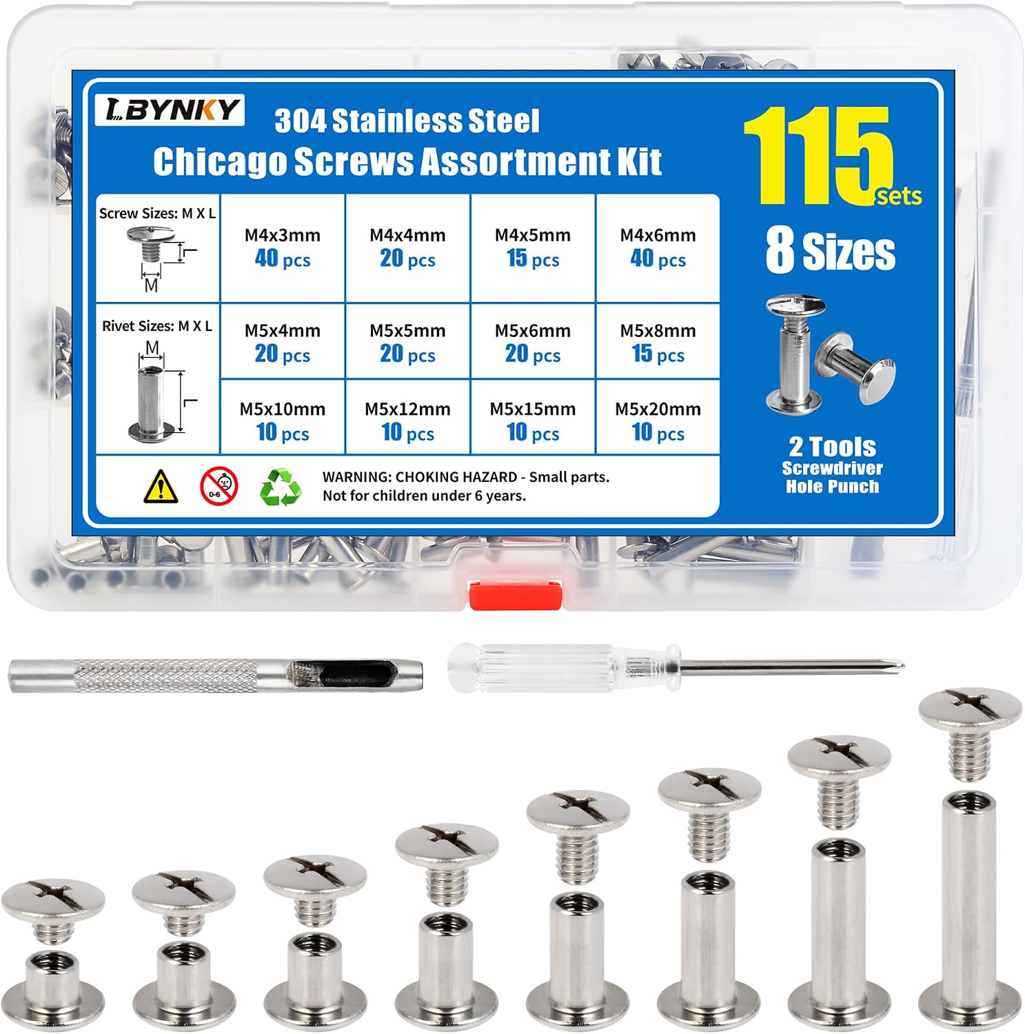 115 Sets Chicago Screws Kit for Leather Crafts, 304 Stainless Steel Binding Screws Rivet, 8 Sizes (M5x4/5/6/8/10/12/15/20mm) Binding Post with Tools (Silver)