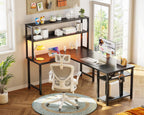 ODK 53 Inch L Shaped Gaming Desk with Hutch & Headphone Hook | Black Corner Computer Table with LED light & Storage Shelves for Home Office