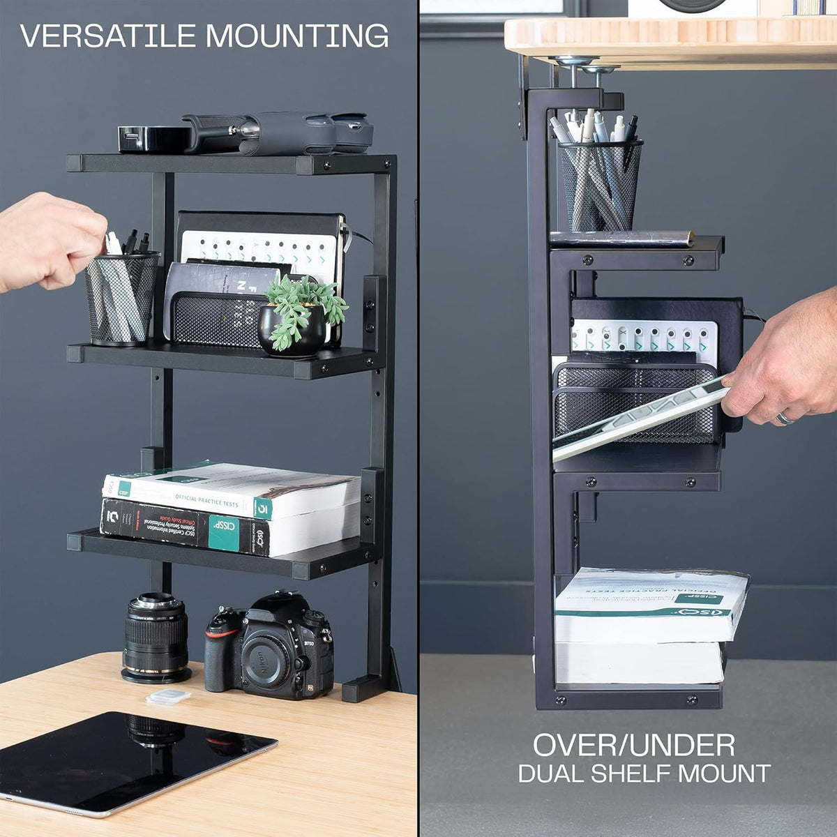 VIVO Black Clamp-on 13 in 3-Tier Desk Shelf, STAND-SHELF3C
