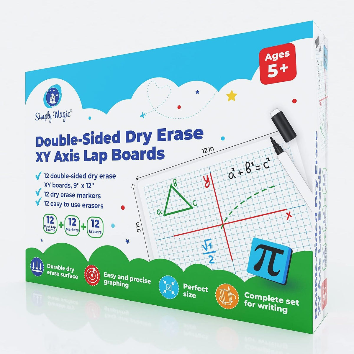 Simply Magic 12 Pack Double-Sided Dry Erase Graph Lap Boards - 12''x9...