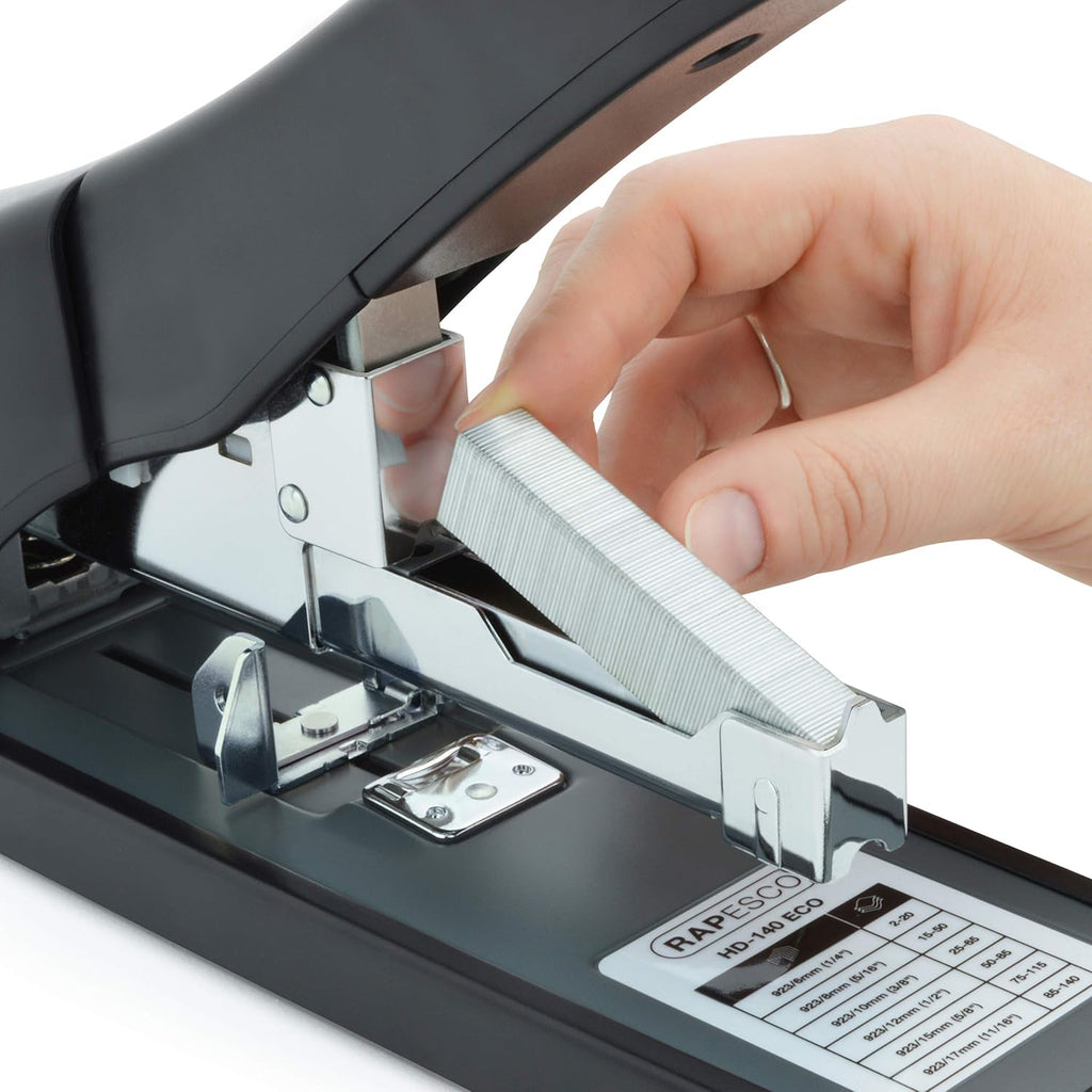 Rapesco 1550 ECO HD-140 Heavy-Duty Stapler, 140 Sheet Capacity, Black | Includes 1000 Heavy Duty 15/32" Staples, ECO Material, Soft-Feel Grip, Adjustable Paper Guide, for Office and School