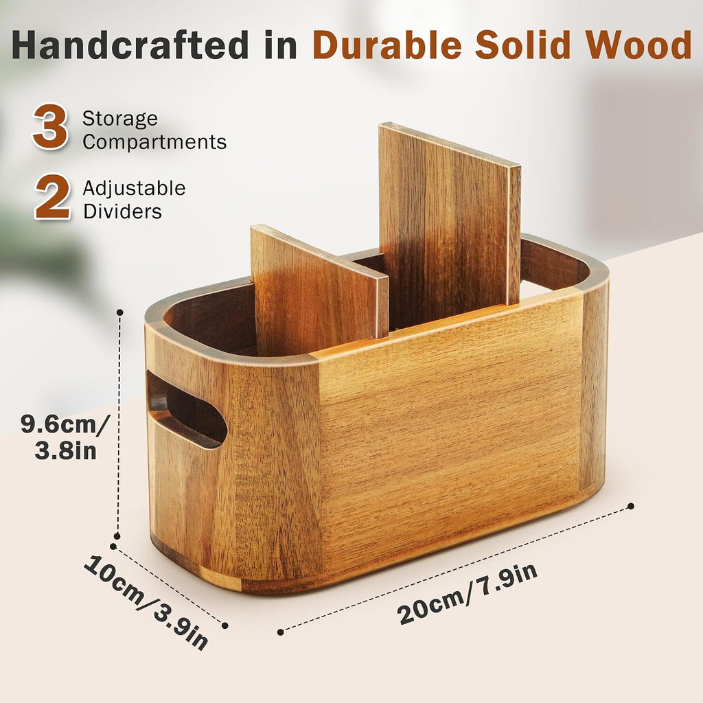 Acacia Pencil Pen Holder for Desk, Wooden Office Organizer with 3 Slots for Countertop, Makeup Brush Holder Remote Control Organizer for School Home Supplies