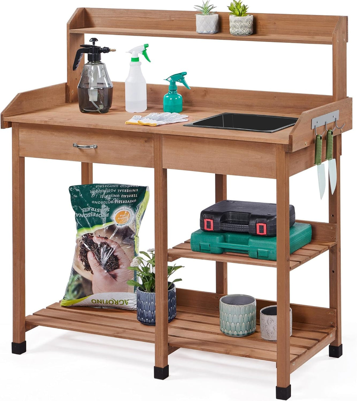 Yaheetech Potting Bench with Sink & Drawer, Outdoor Gardening Table, Brown