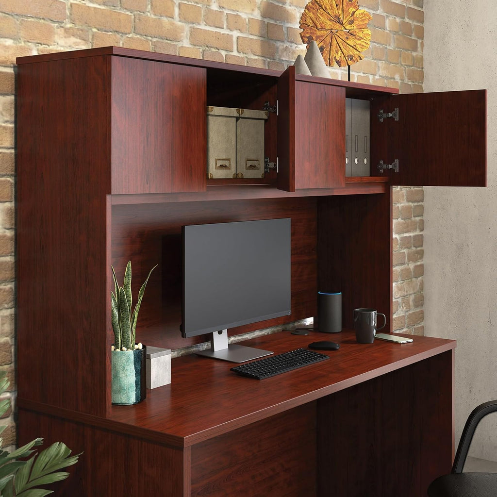 Pemberly Row Engineered Wood 60" x 36" Hutch, Classic Cherry Finish, Hidden Storage Behind Four Doors, Durable Office Desk Hutch for Workspace Organization