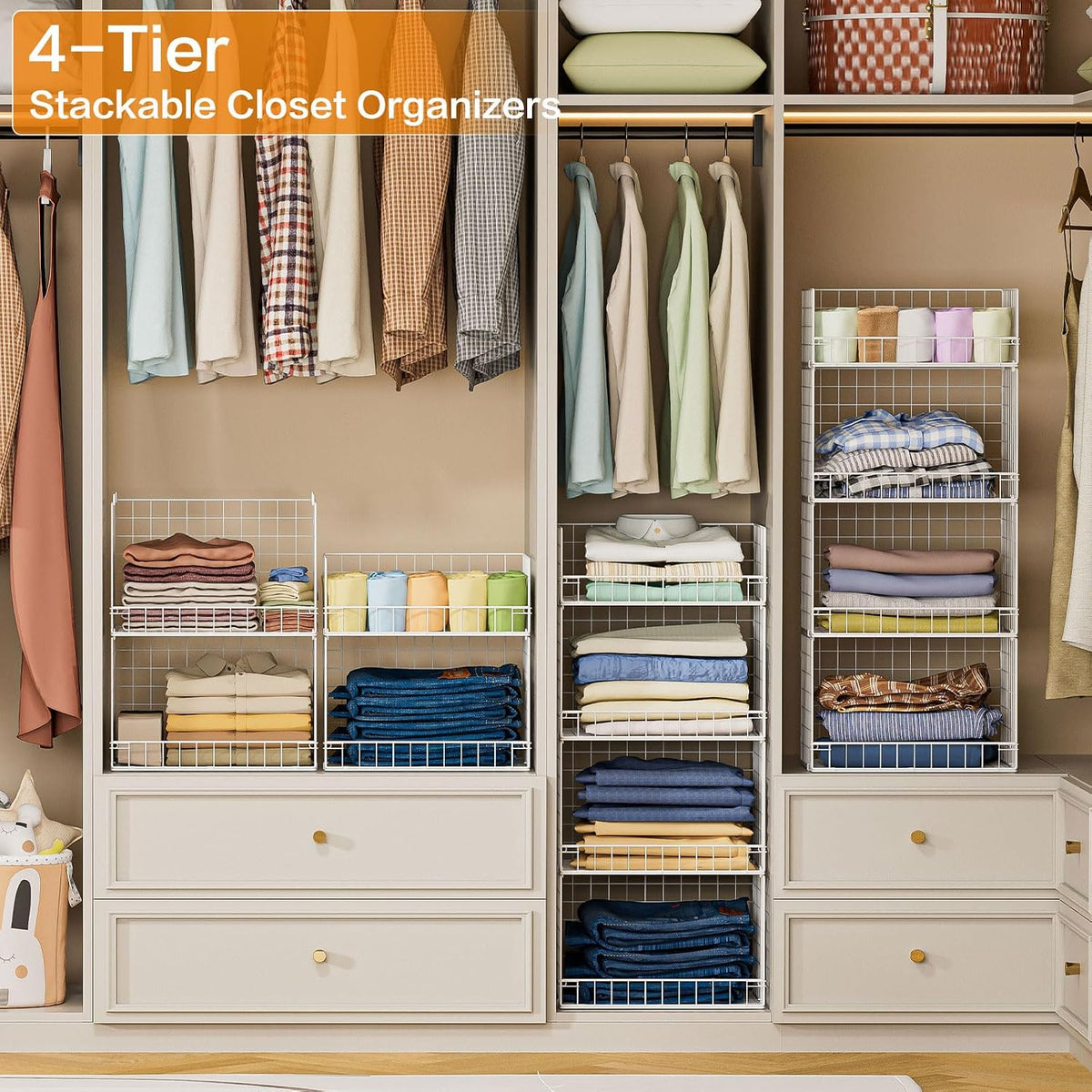 Yociyoga 4 Tier Stackable Closet Organizers and Storage Shelves, Foldable Clo...