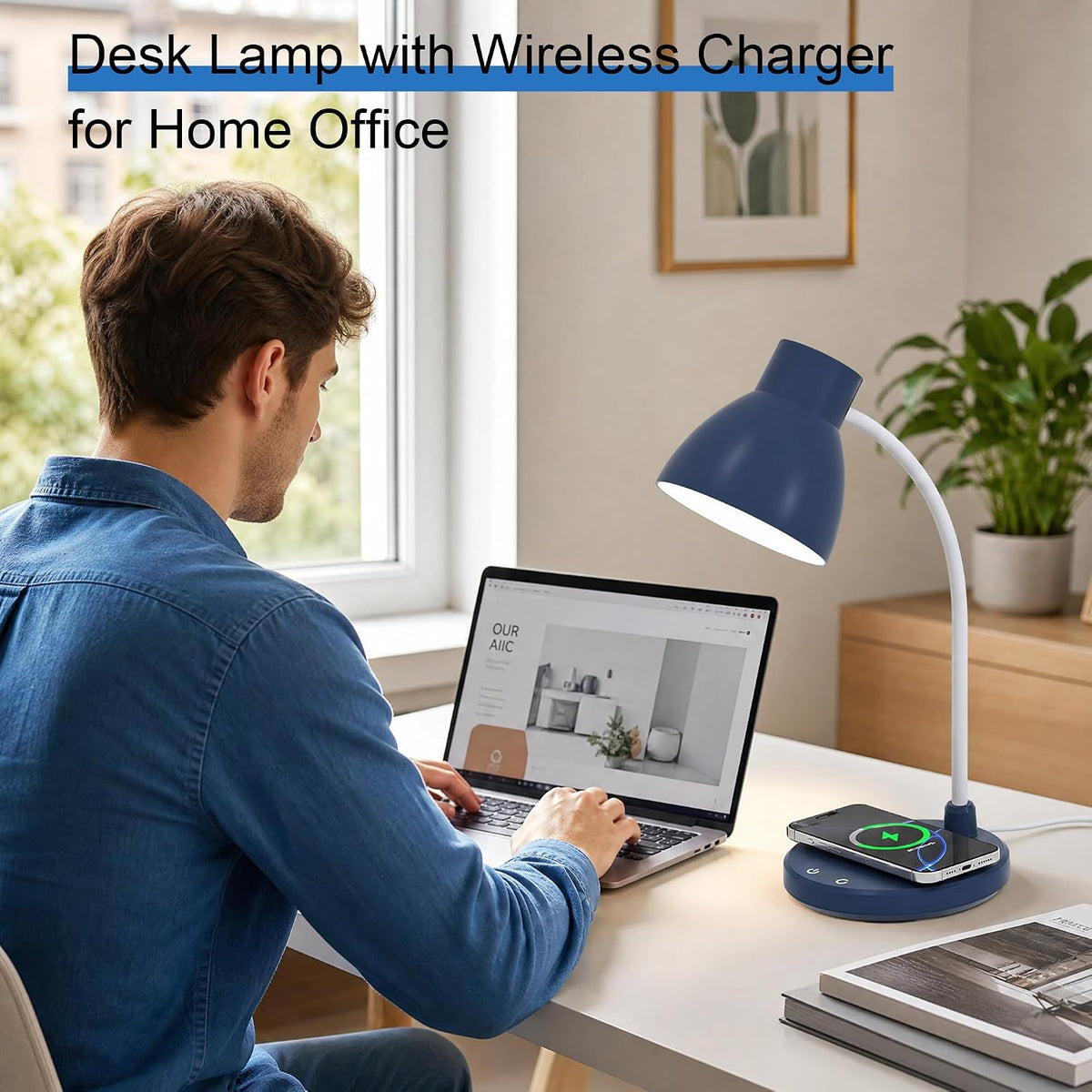 LED Desk Lamp for Home Office with Wireless Charger, Navy Blue