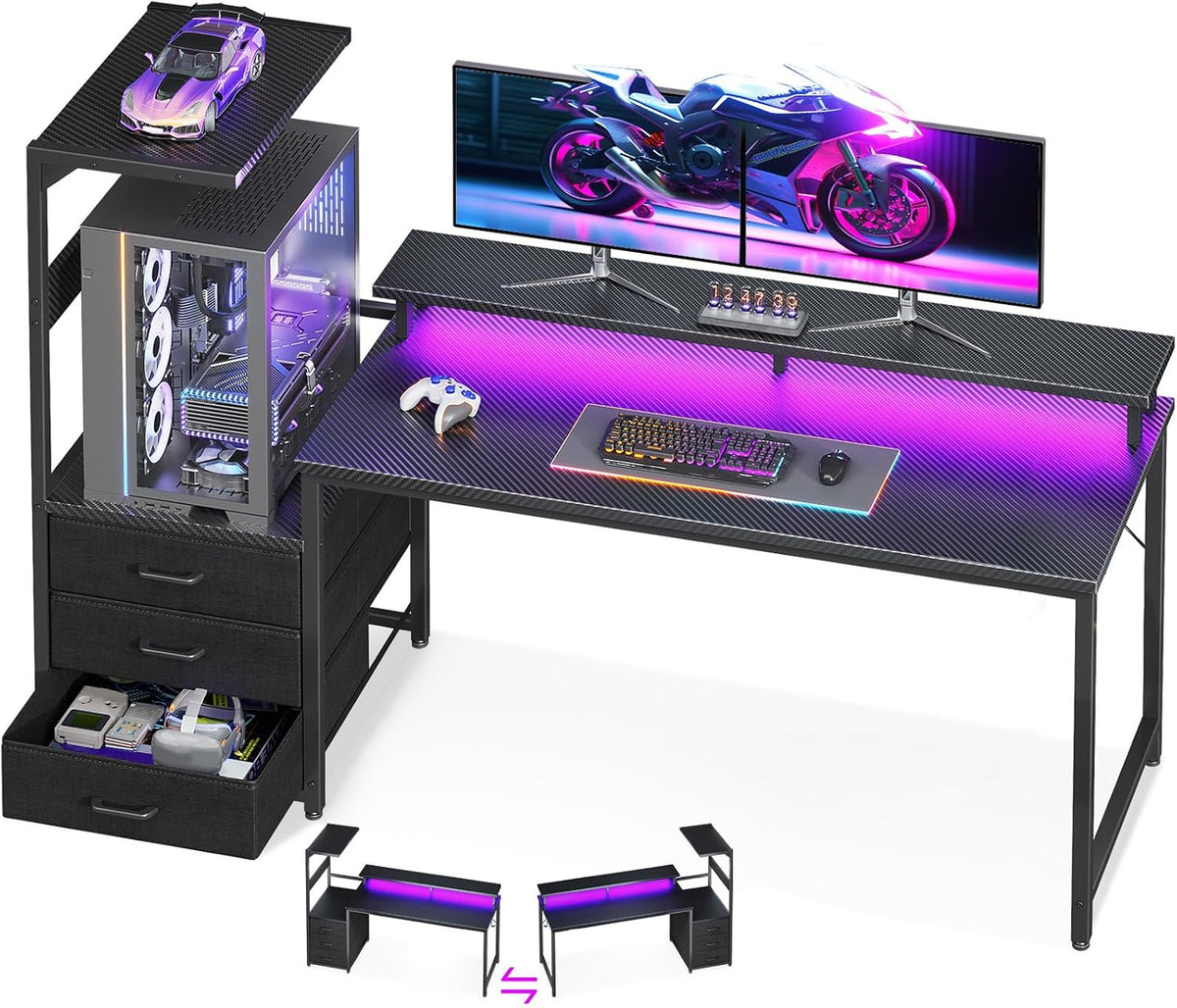 Gaming Desk with PC Display Stand, Reversible for Gaming Setup, 63 inch
