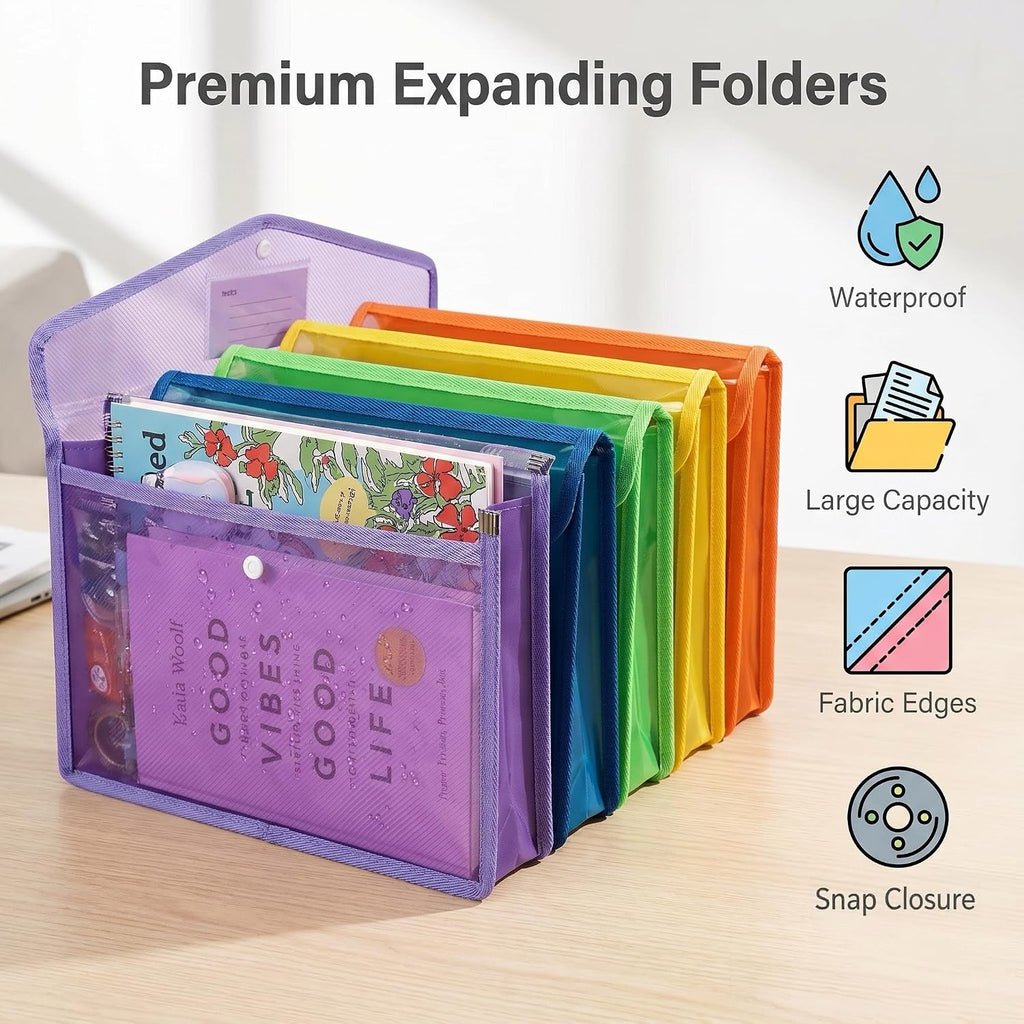 7 Pack Plastic Expanding File Folders Fit Letter/A4 Size | Transparent Envelopes With Snap Closure For School/Office/Home,No Dviders,Waterproof,Pocket File Folders,Colorful