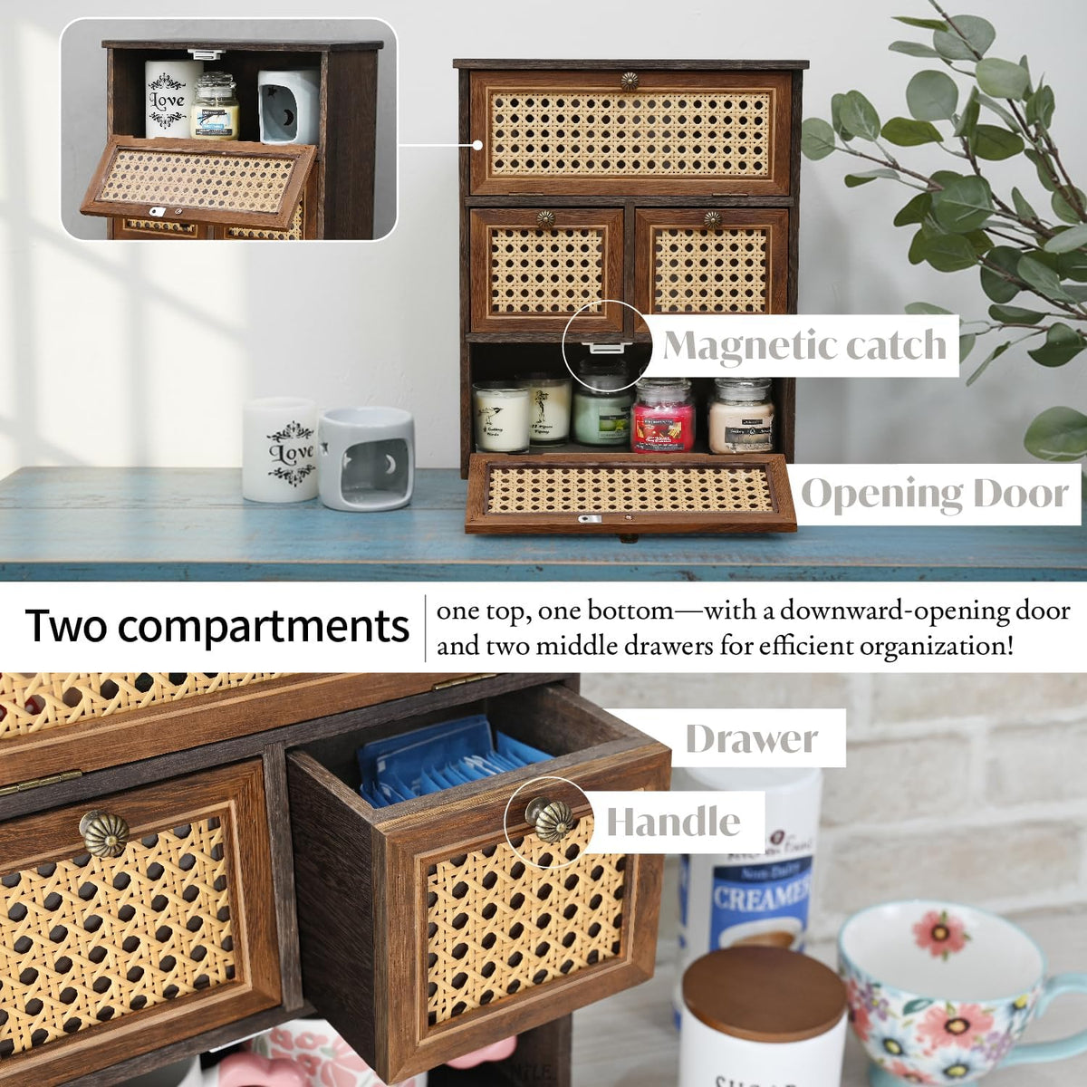 Ikee Design Small Rattan Countertop Storage Cabinet with Doors with Shelves
