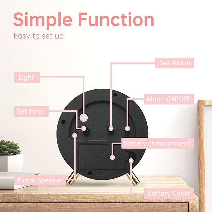 Analog Alarm Clock, 4 inch Super Silent Non Ticking Small Clock - Image 6