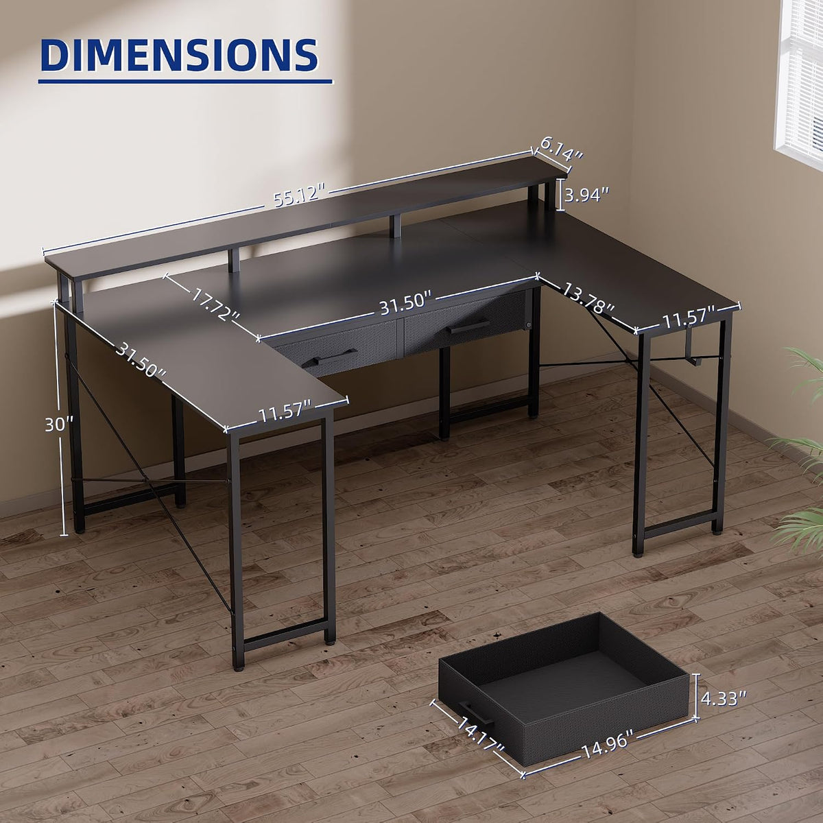 Pamray 55 Inch Gaming Desk with Drawers U Shaped Large Computer Desk