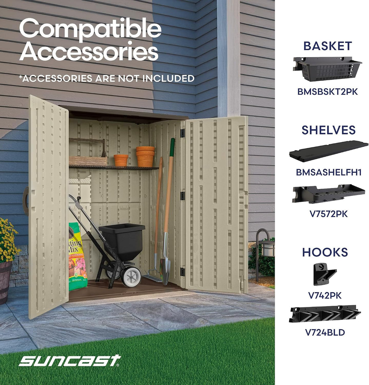 suncast outdoor storage shed, water resistant resin vertical on a desk or shelf