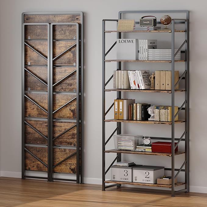 JSB No Assembly Folding Bookshelf, 6 Tier Industrial Metal Book Shelf - Image 4