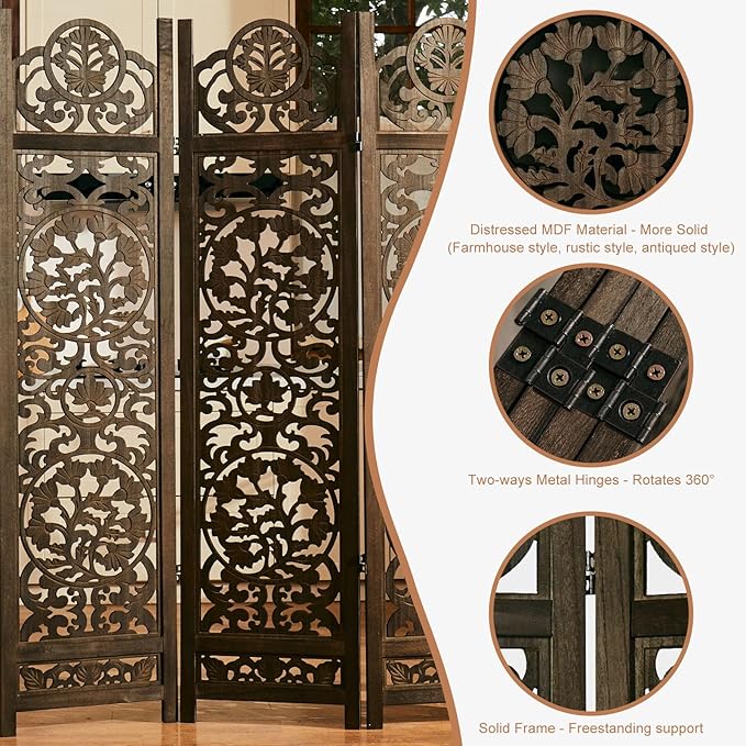 5.75Ft Room Divider Wood Screen, 33Lbs Durable MDF Carved Rustic Style Headboard - Image 3