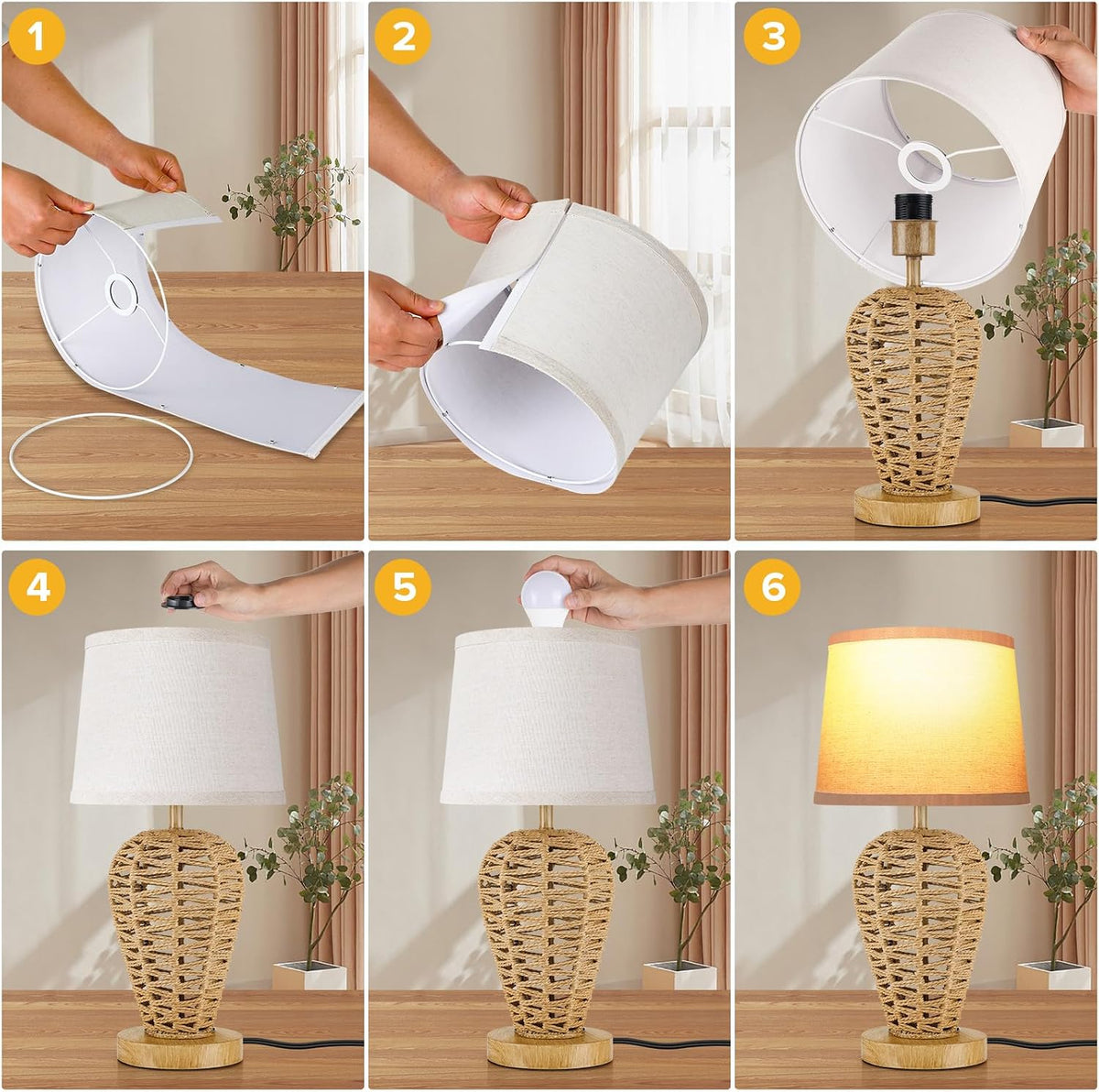 19" Boho Table Lamp with 100% Hand Woven Rattan Body & Wood Grain Fi...