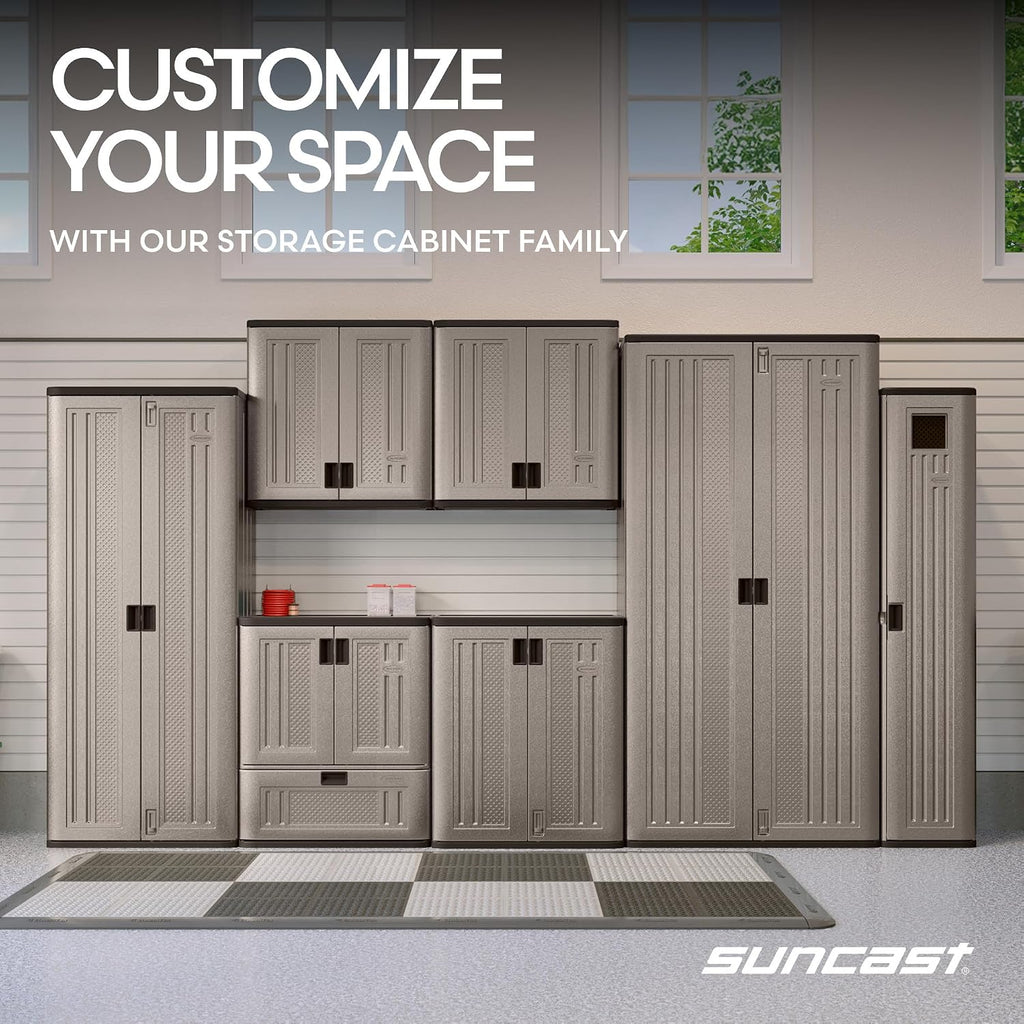 suncast 9 cu ft base storage cabinet, lockable on a desk or shelf