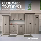 suncast 9 cu ft base storage cabinet, lockable on a desk or shelf