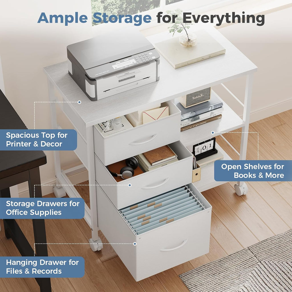 DUMOS 3 Drawer Mobile File Cabinet, Space Saving Rolling Printer Stand | Freestanding Fabric Lateral Filing Cabinet Fits A4/Letter Size, Printer Cart with Open Storage Shelf for Home Office, White