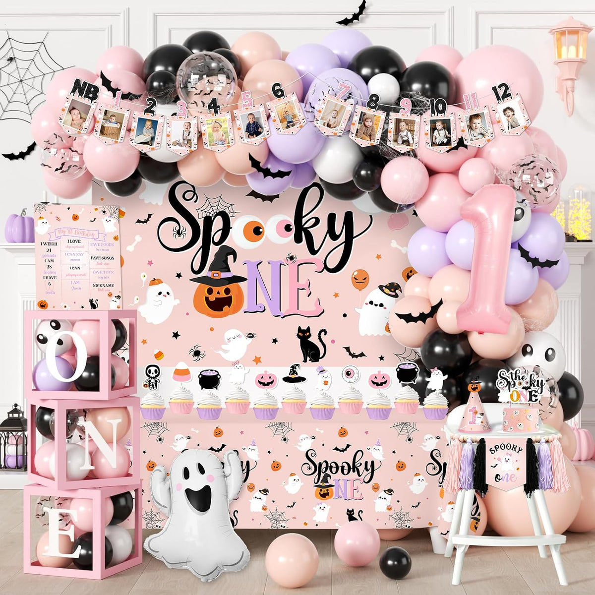Spooky One Birthday Decorations Girl,123pcs Halloween 1st Birthday Party Deco...