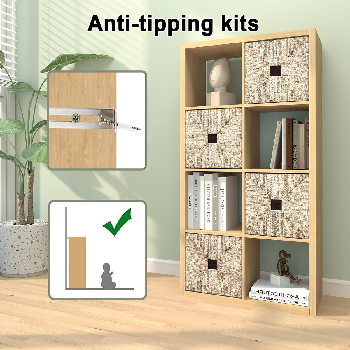 CTESNE【2026 Wooden Thick Frame 8 Cube Storage Organizer Shelf with Anti-Tippi...