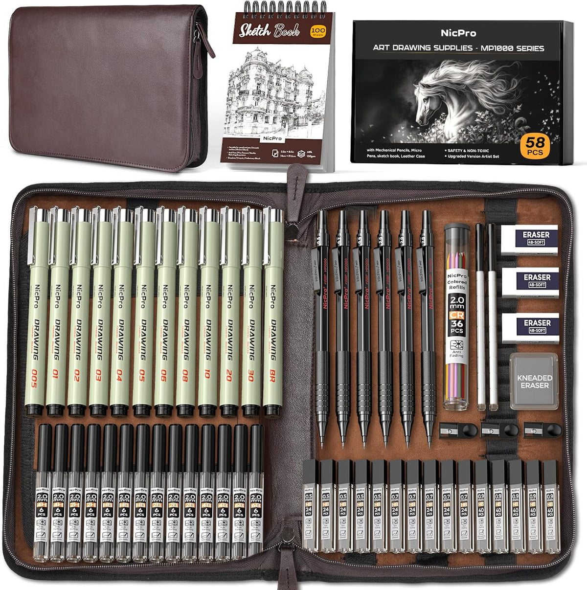 nicpro 58pcs art drawing supplies kit in leather, main product view