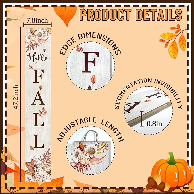 Hello Fall Porch Sign 47" Thanksgiving Day Wooden Door Sign Large Autumn - Image 7