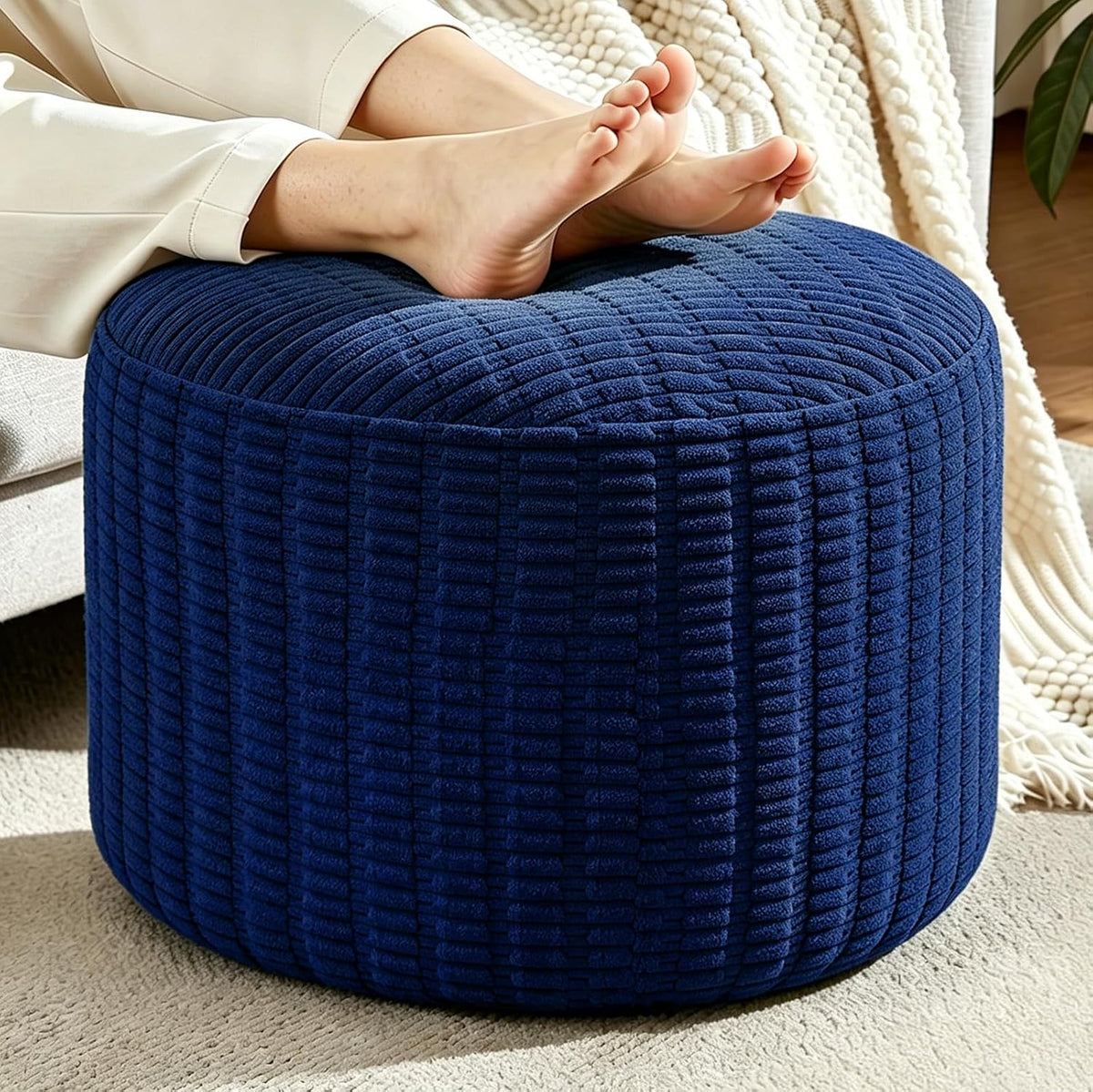 Round Corduroy Footstool Pouf for Couch