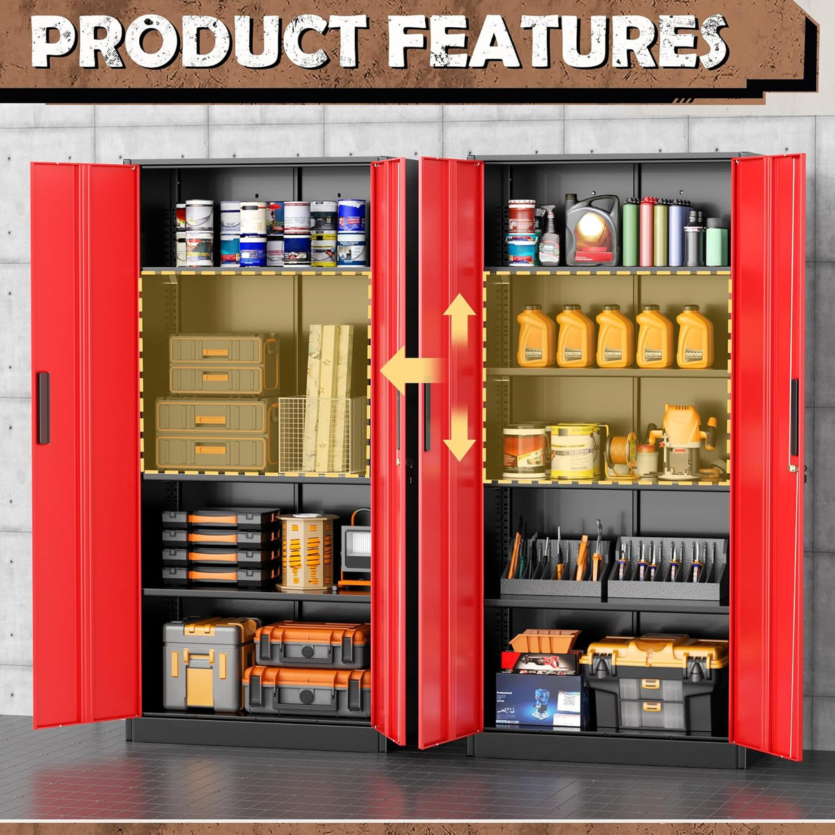 intergraet metal storage cabinet with adjustable shelves, garage showing dimensions