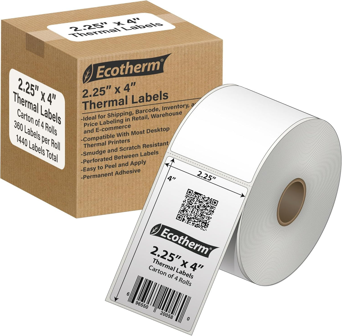 2.25" x 4" Thermal Labels | 4 Rolls | 1440 Labels | fits Zebra, Offnova Thermal