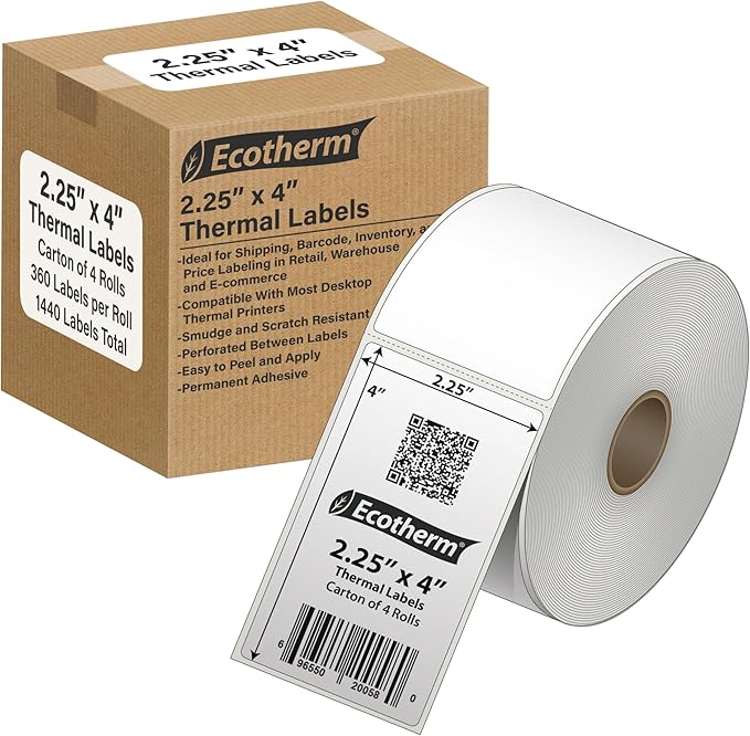 2.25" x 4" Thermal Labels | 4 Rolls | 1440 Labels | fits Zebra, Offnova Thermal by EcothermProducts