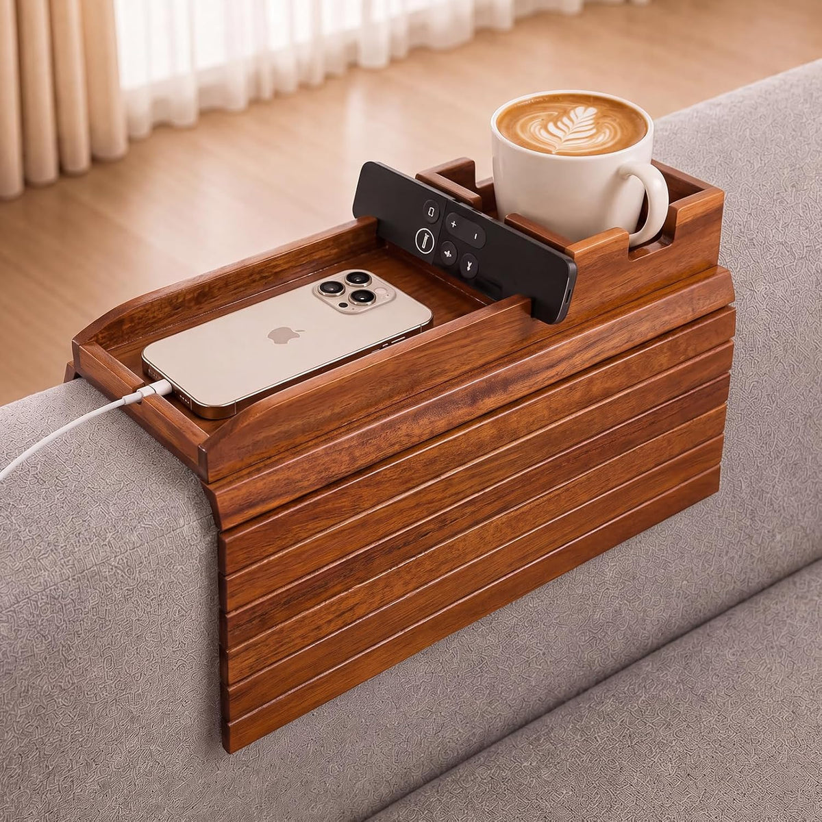 Acacia Wood Couch Arm Tray with Cup Holder, Sofa Armrest Table