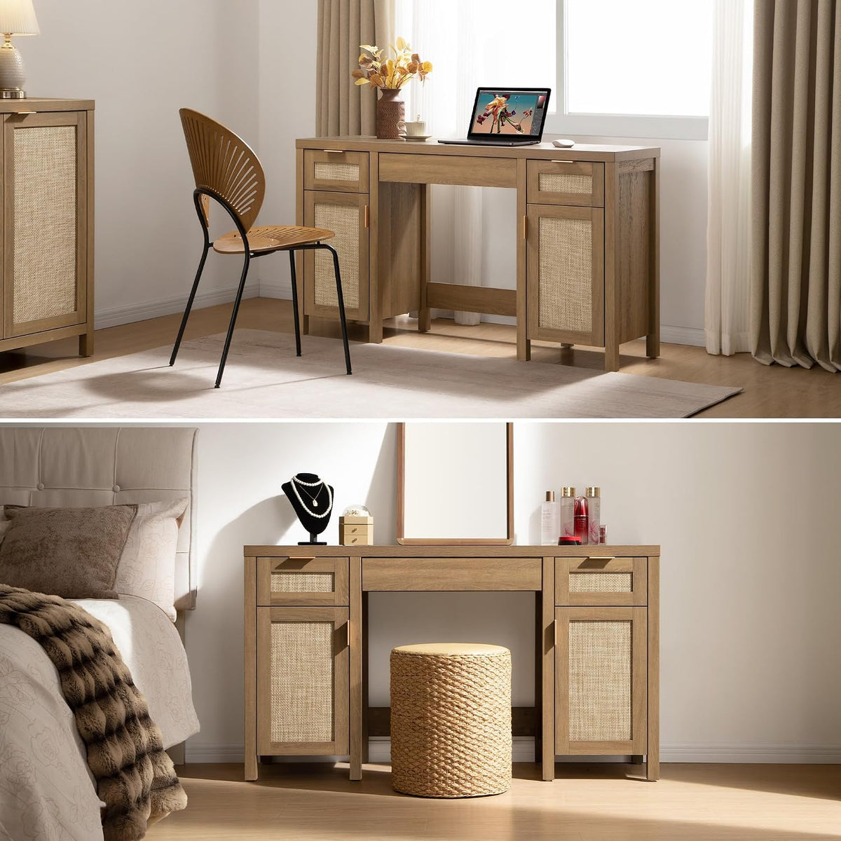 SICOTAS 52" Rattan Vanity Home Office Desk Vanity Table with 3 Drawers