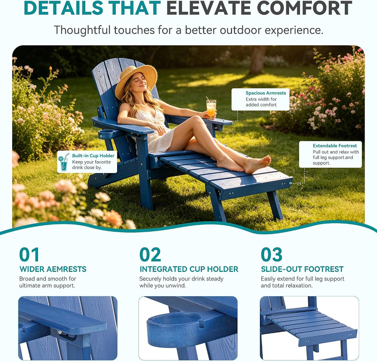 Folding Adjustable Adirondack Chair with Footrest, All-Weather HDPE Plastic C...