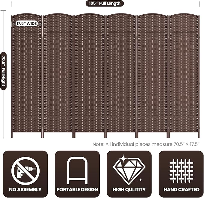 Cocosica 6 Panel Room Divider, 6Ft Folding Privacy Screen, Tall - Image 3