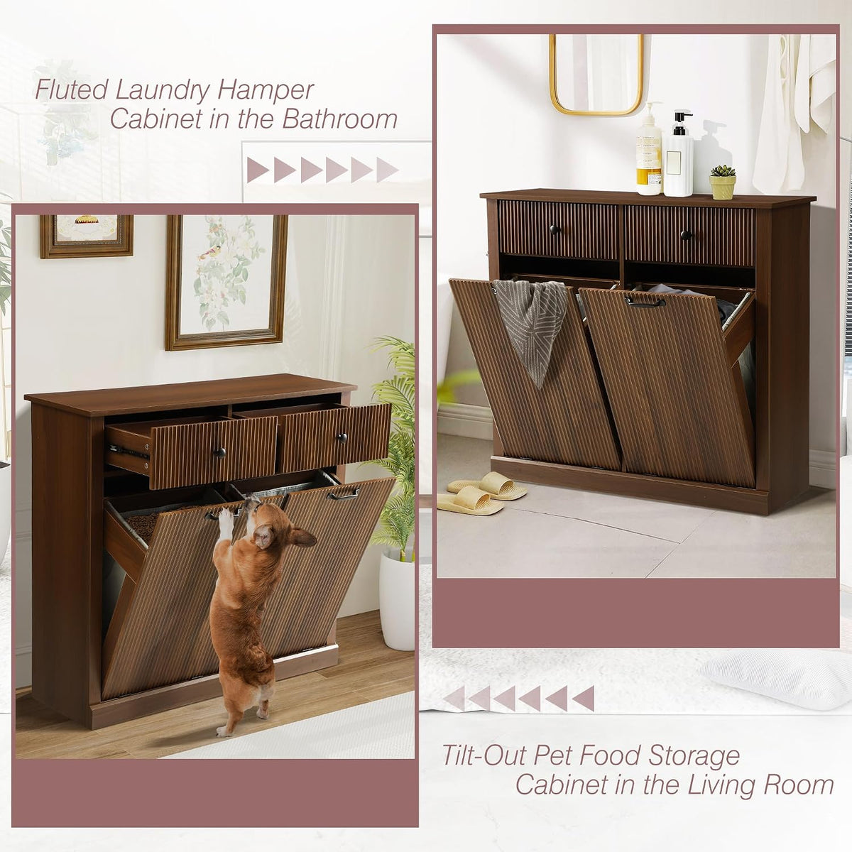 Double Tilt Out Laundry Hamper Cabinet, Modern Fluted Trash Can Cabinets with...