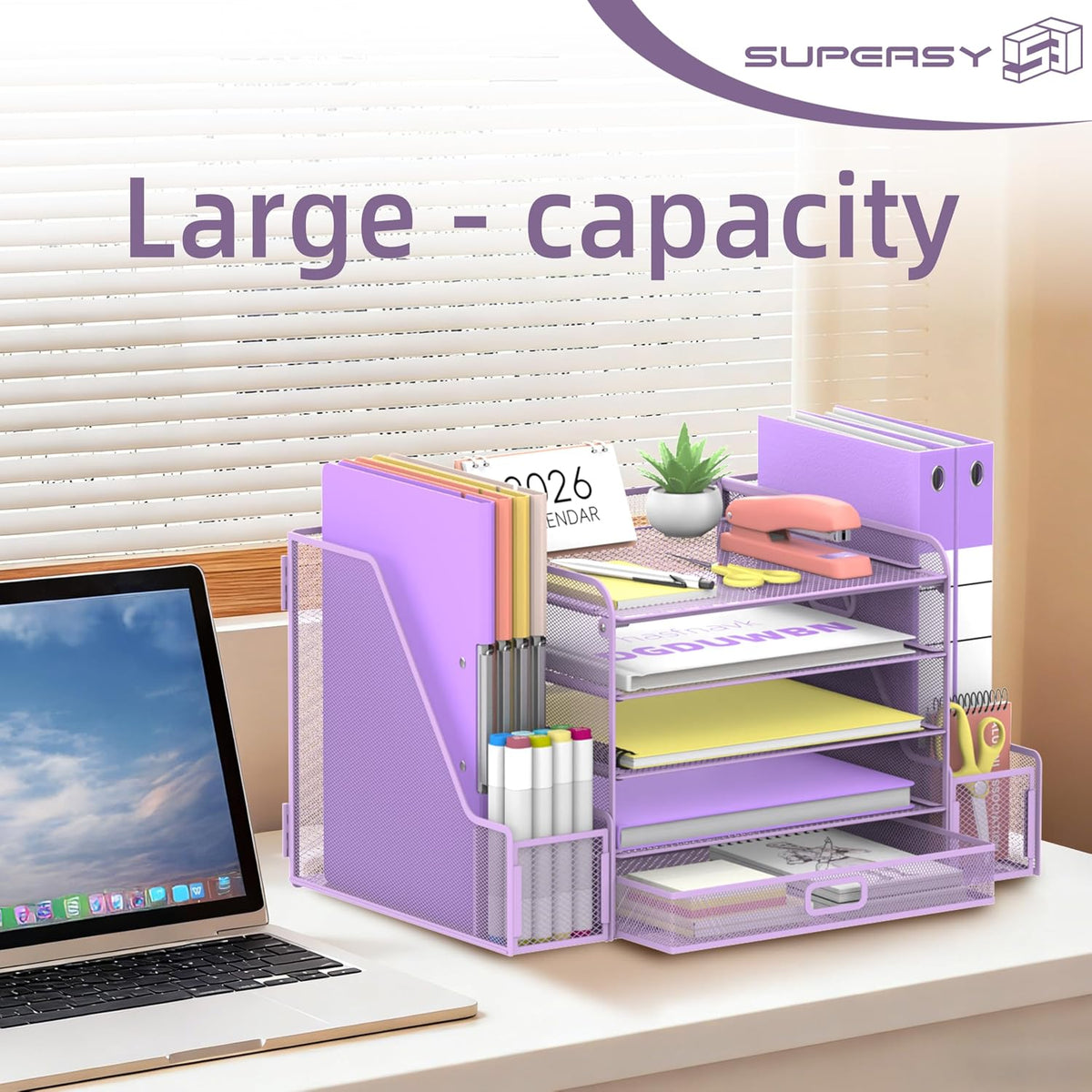 SUPEASY Mesh Desk Organizer with File Holder, 5-Tier Paper Letter Tray Organi...
